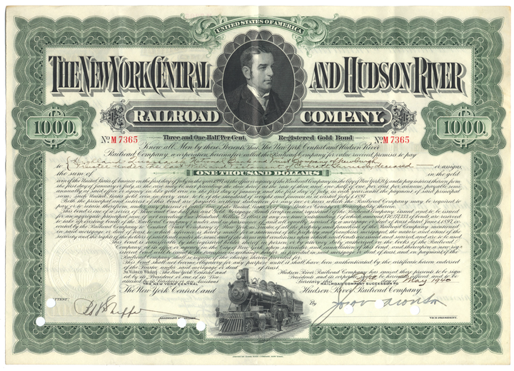 New York Central and Hudson River Railroad Company Bond Certificate