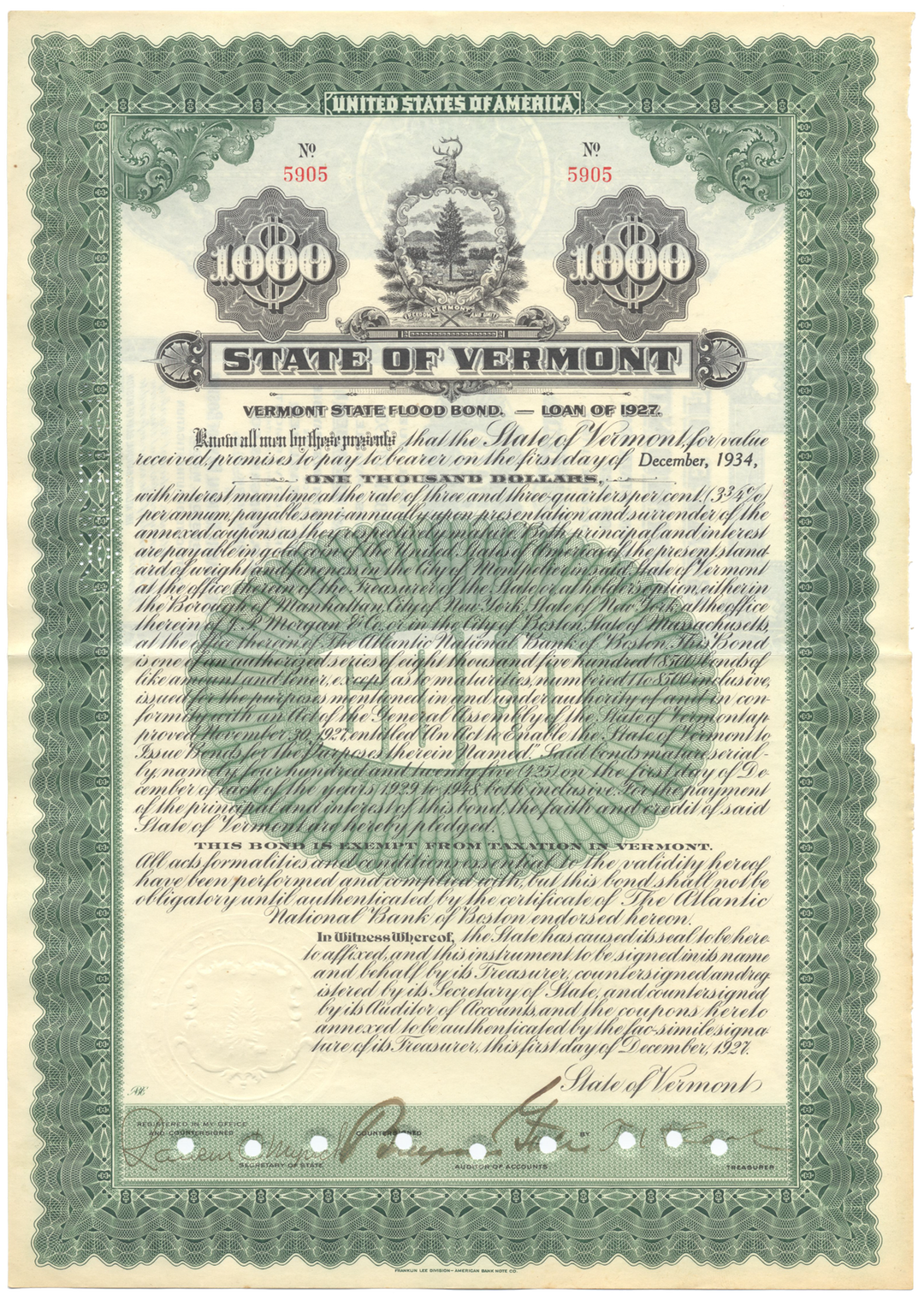 State of Vermont Bond Certificate