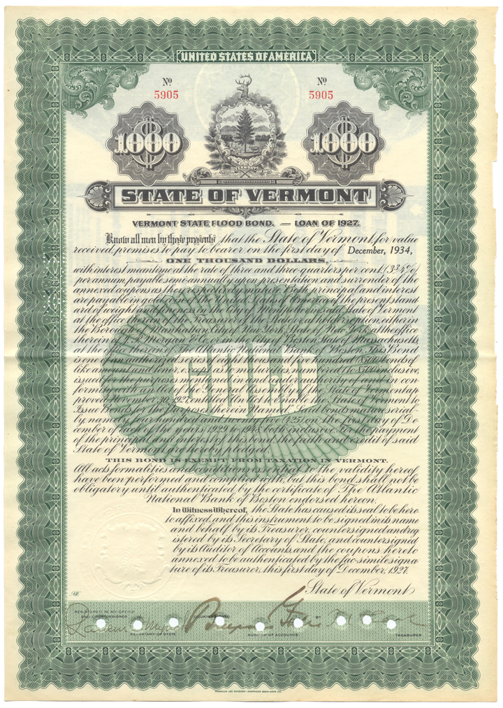 State of Vermont Bond Certificate