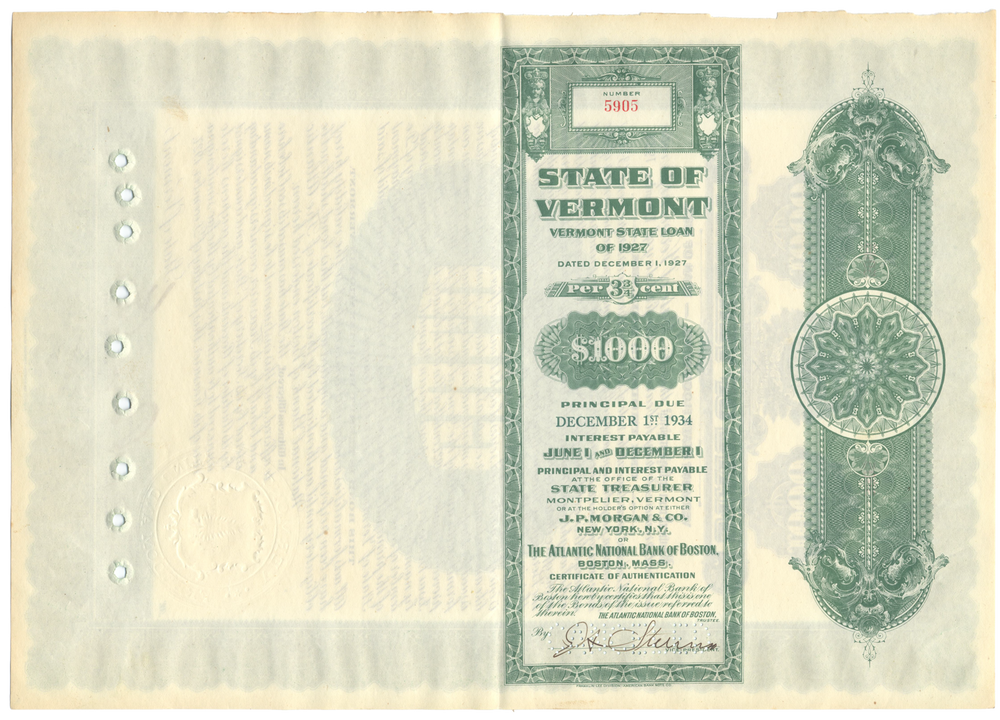 State of Vermont Bond Certificate