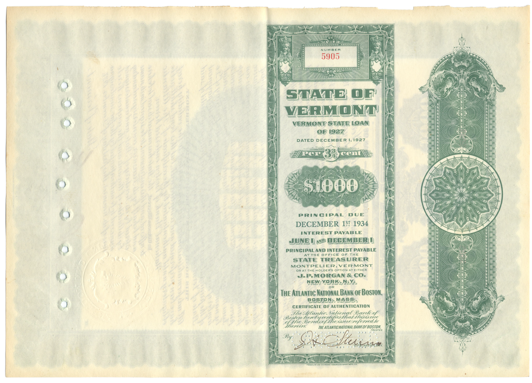 State of Vermont Bond Certificate