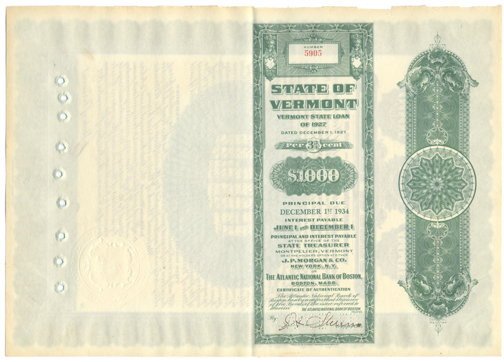 State of Vermont Bond Certificate