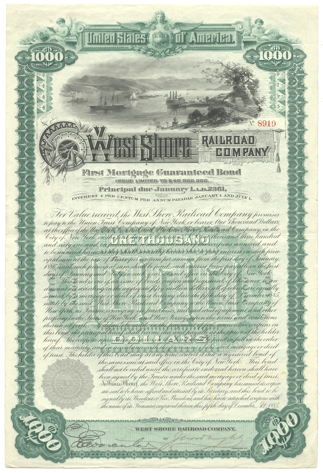 Vintage bond certificate for the West Shore Railroad Company with green and black text.