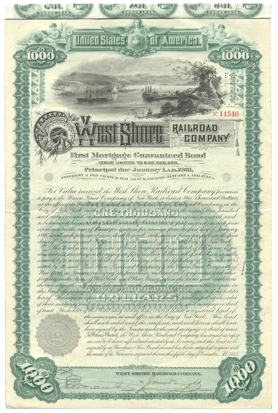 Vintage railroad bond certificate from the West Shore Railroad Company with scenic illustration from 1885