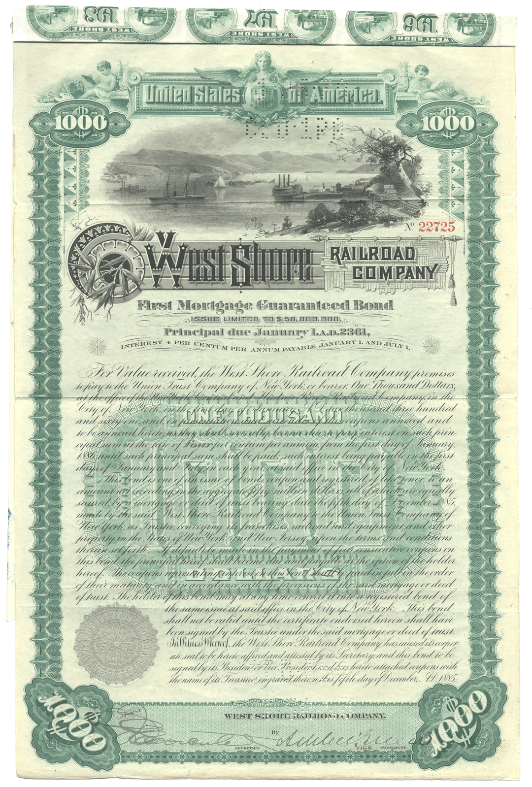 Vintage bond certificate for West Shore Railroad Company from 1885
