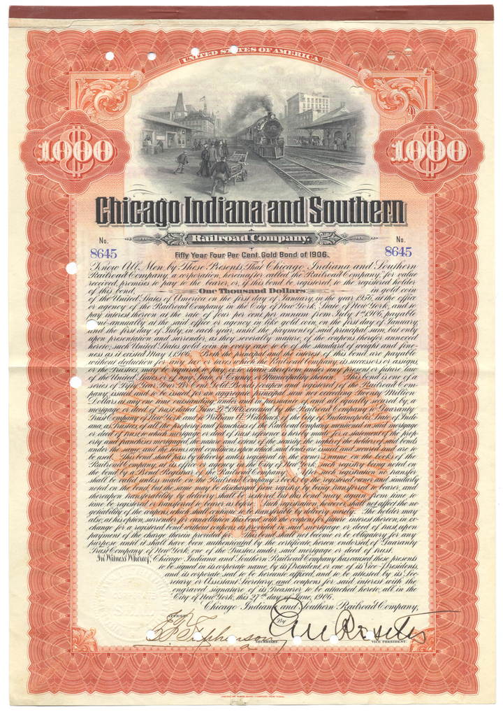 Chicago Indiana and Southern Railroad Company Bond Certificate