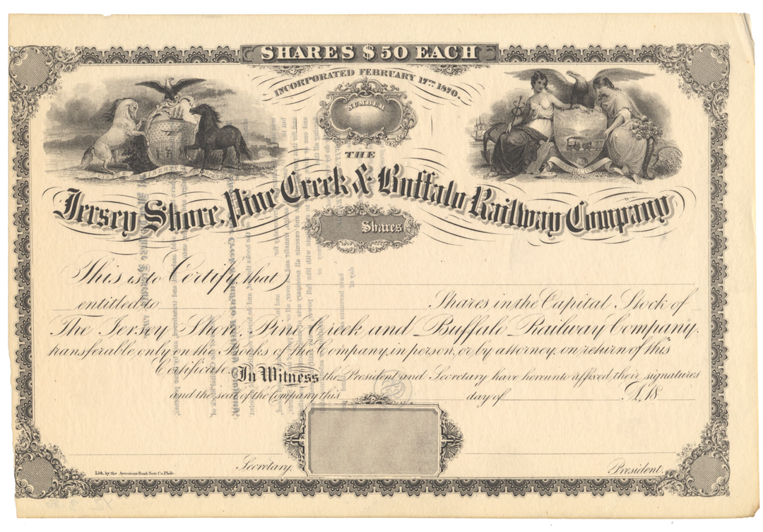 Jersey Shore, Pine Creek and Buffalo Railway Company Stock Certificate