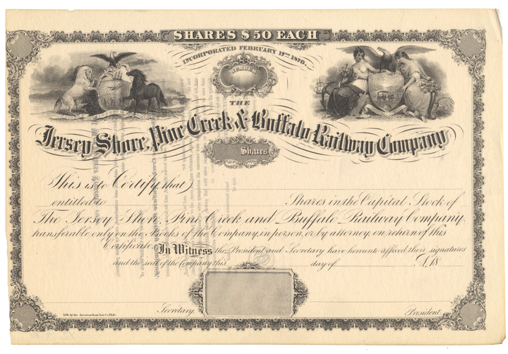 Jersey Shore, Pine Creek and Buffalo Railway Company Stock Certificate