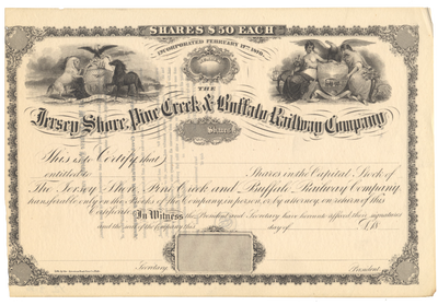 Jersey Shore, Pine Creek and Buffalo Railway Company Stock Certificate