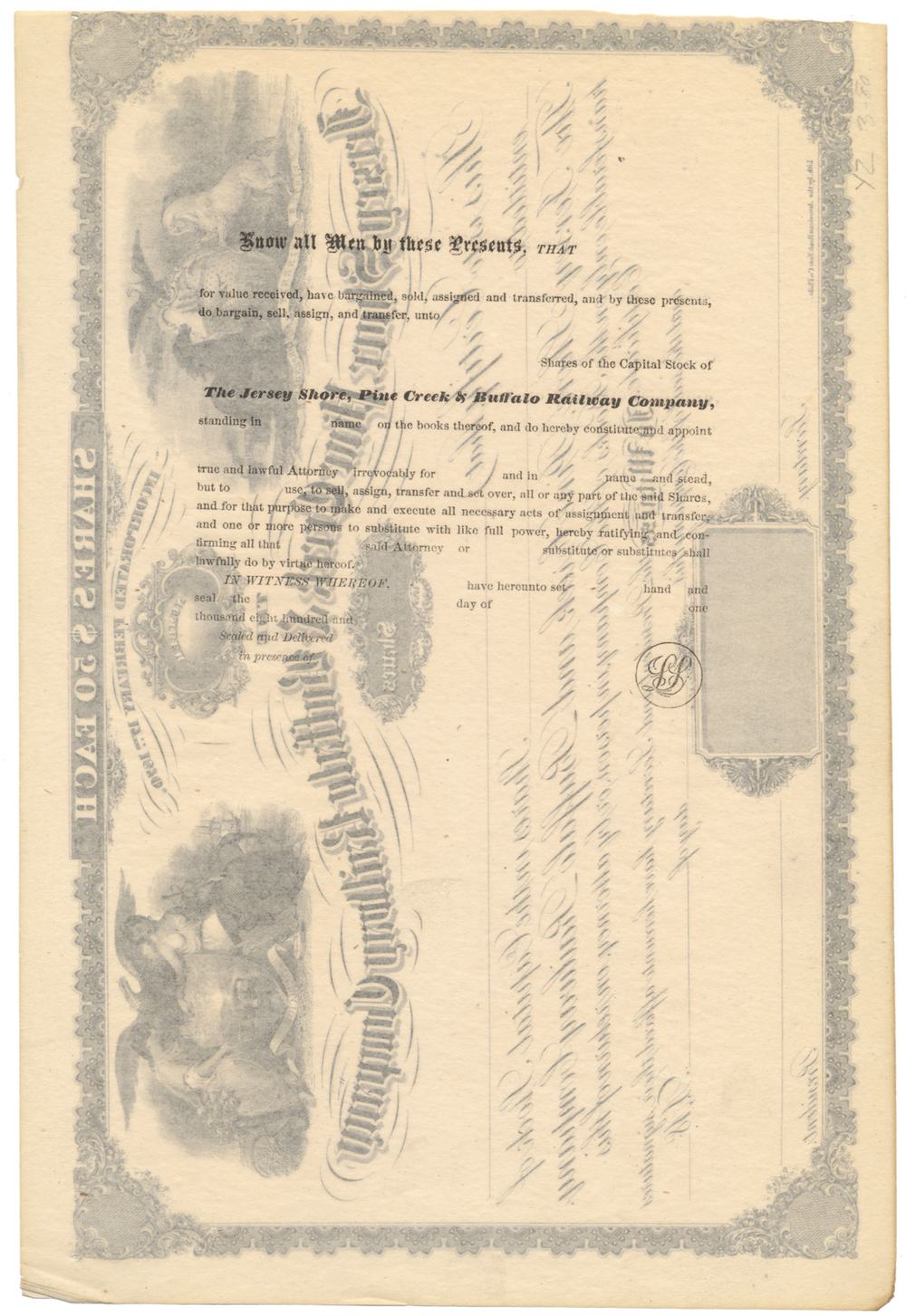 Jersey Shore, Pine Creek and Buffalo Railway Company Stock Certificate