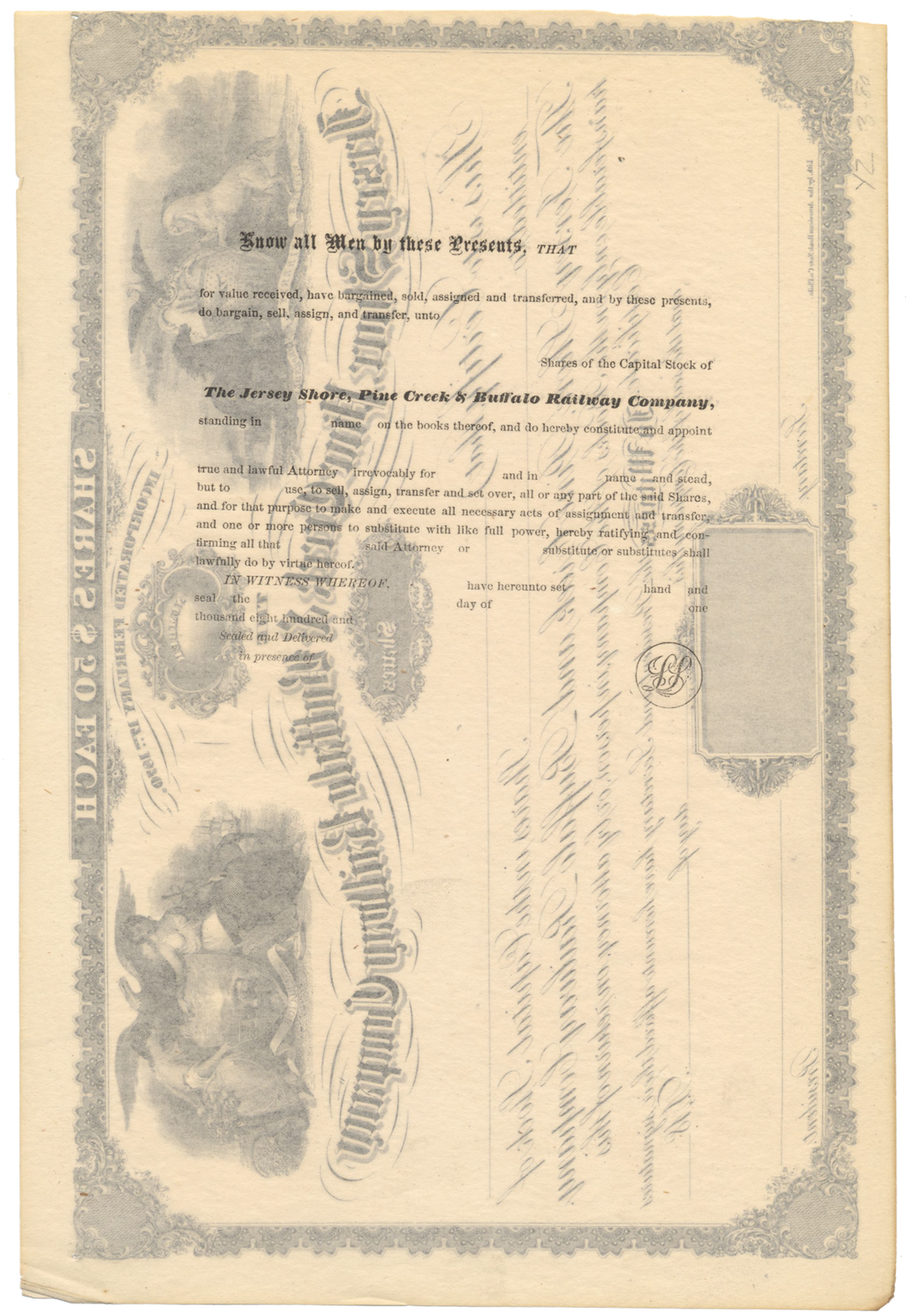 Jersey Shore, Pine Creek and Buffalo Railway Company Stock Certificate