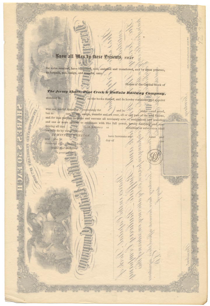 Jersey Shore, Pine Creek and Buffalo Railway Company Stock Certificate