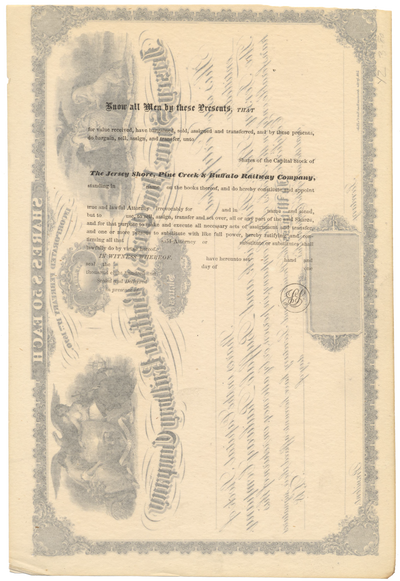 Jersey Shore, Pine Creek and Buffalo Railway Company Stock Certificate