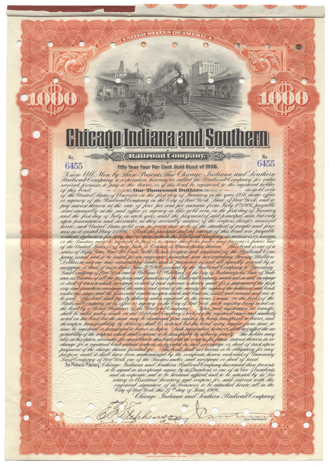 Vintage bond certificate for Chicago Indiana and Southern Railroad Company