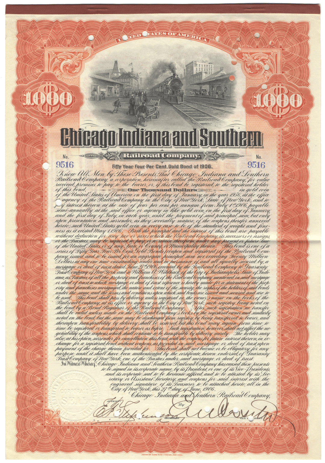 Historical bond certificate for the Chicago Indiana and Southern Railroad Company with train illustration.