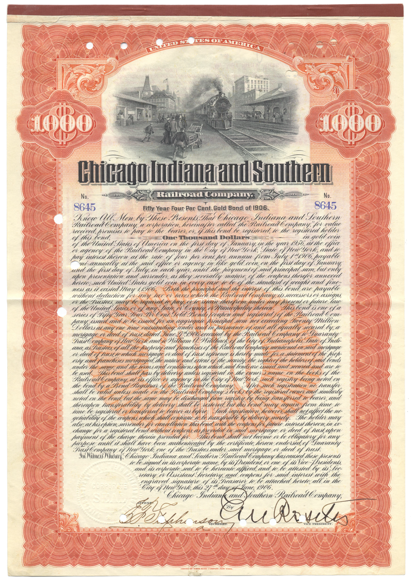 Chicago Indiana and Southern Railroad Company Bond Certificate