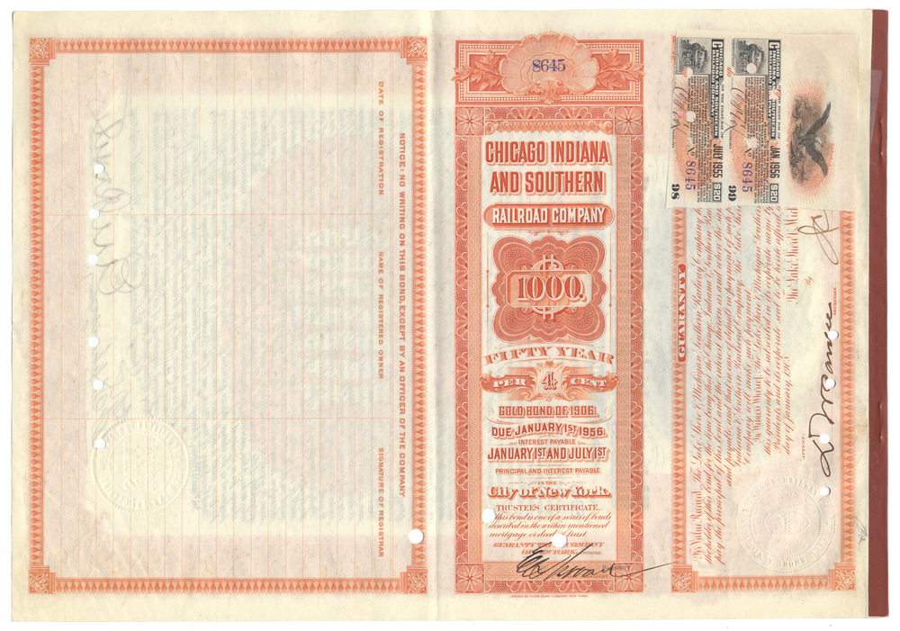 Chicago Indiana and Southern Railroad Company Bond Certificate