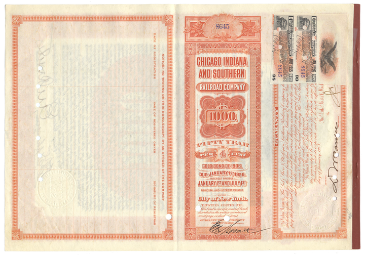 Chicago Indiana and Southern Railroad Company Bond Certificate