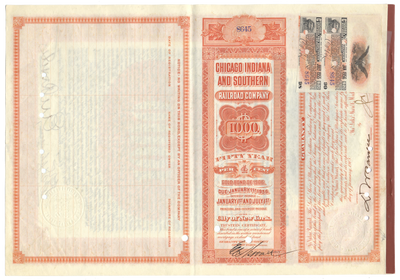 Chicago Indiana and Southern Railroad Company Bond Certificate