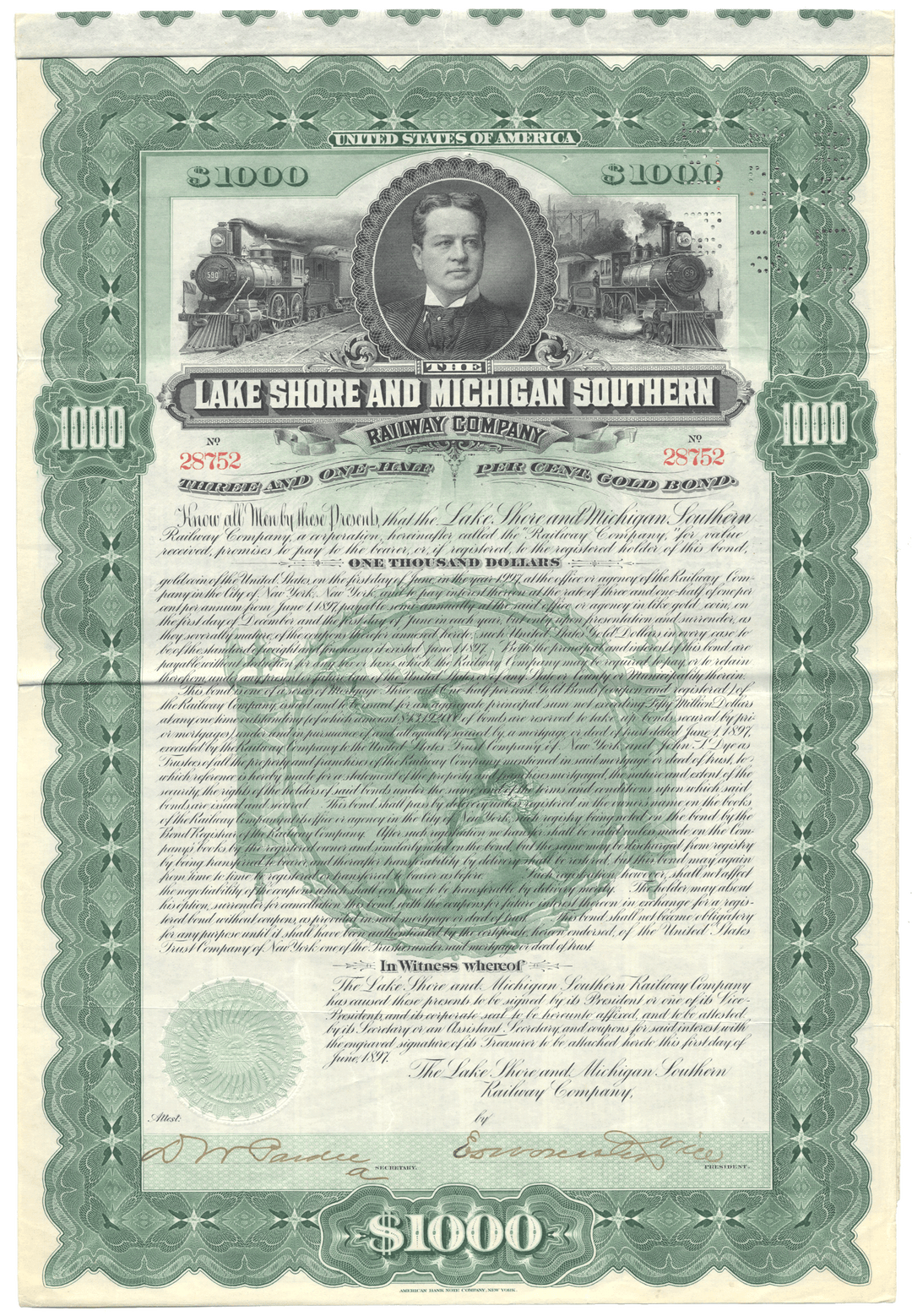 Lake Shore and Michigan Southern Railway Company bond certificate with green border and portrait.