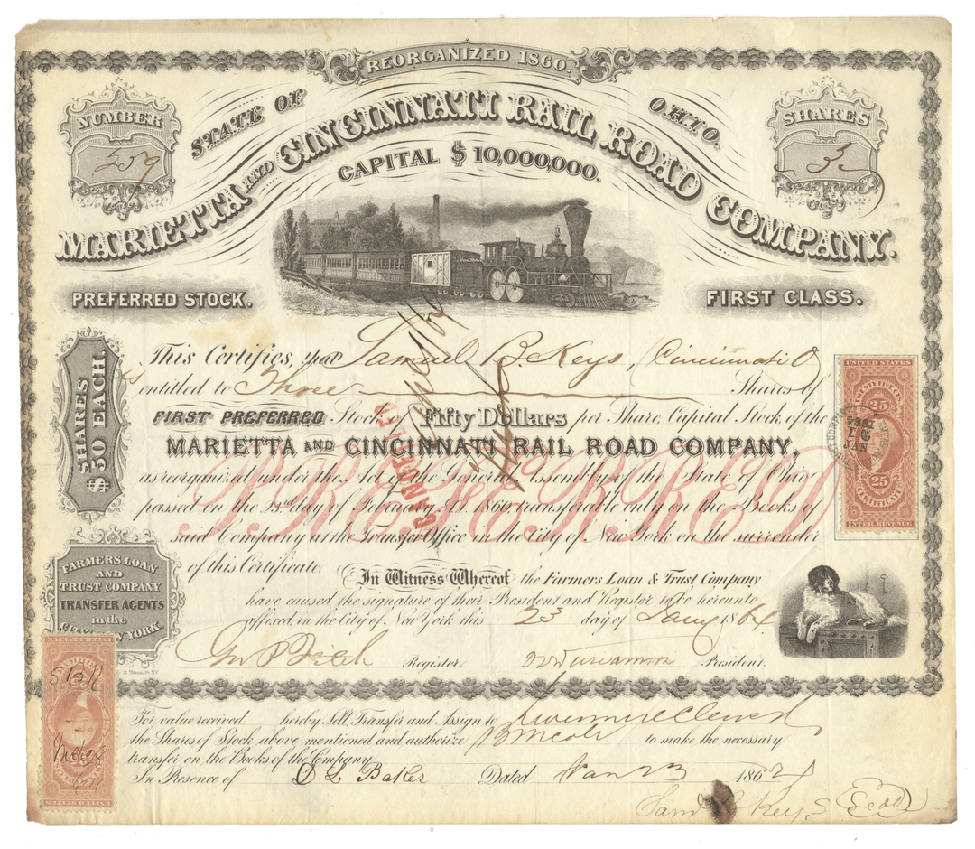 Married and Cincinnati Rail Road Company stock certificate with train illustration