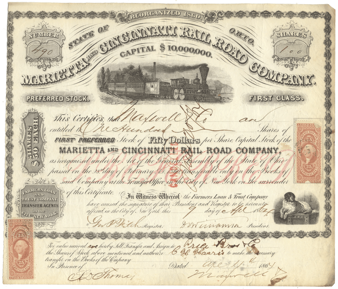 Vintage stock certificate of the Marietta and Cincinnati Railroad Company with a steam locomotive illustration.