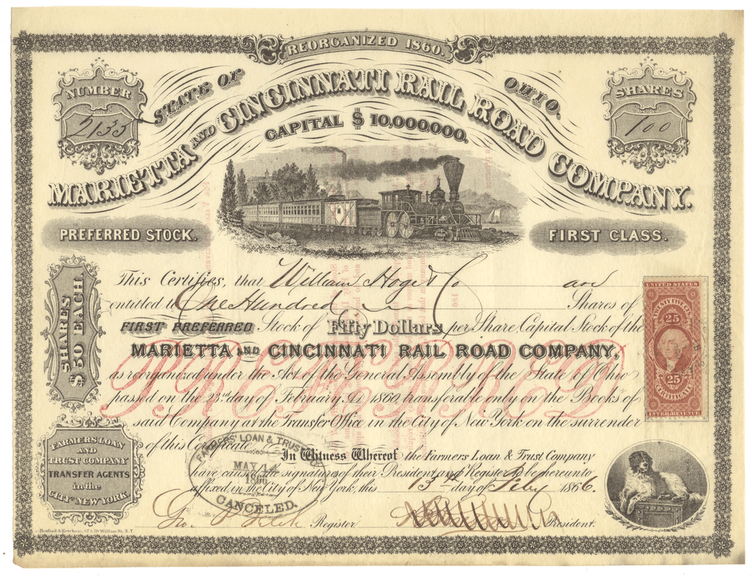 Vintage stock certificate for the Marietta and Cincinnati Railroad Companyfrom 1866  with a steam locomotive illustration.