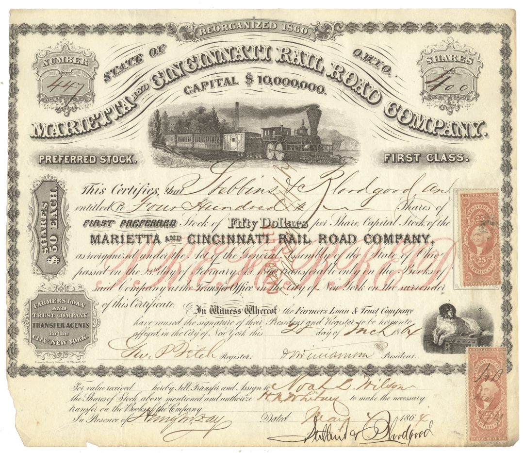 Vintage stock certificate of the Marietta & Cincinnati Rail Road Company dated 1864