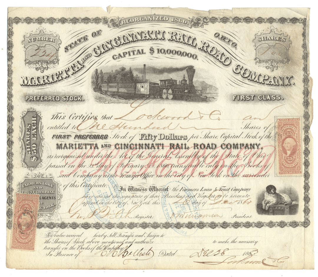 Vintage stock certificate for Marietta and Cincinnati Rail Road Company with steam locomotive illustration.