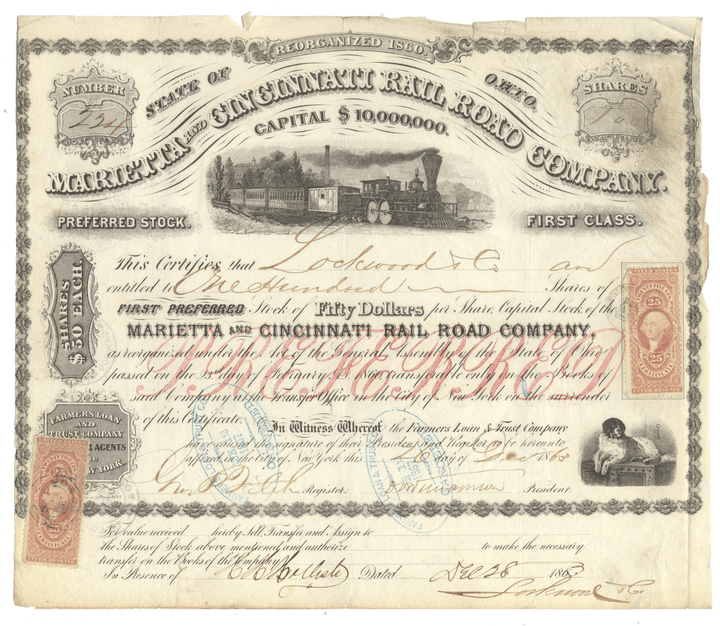 Vintage stock certificate for Marietta and Cincinnati Rail Road Company with steam locomotive illustration.