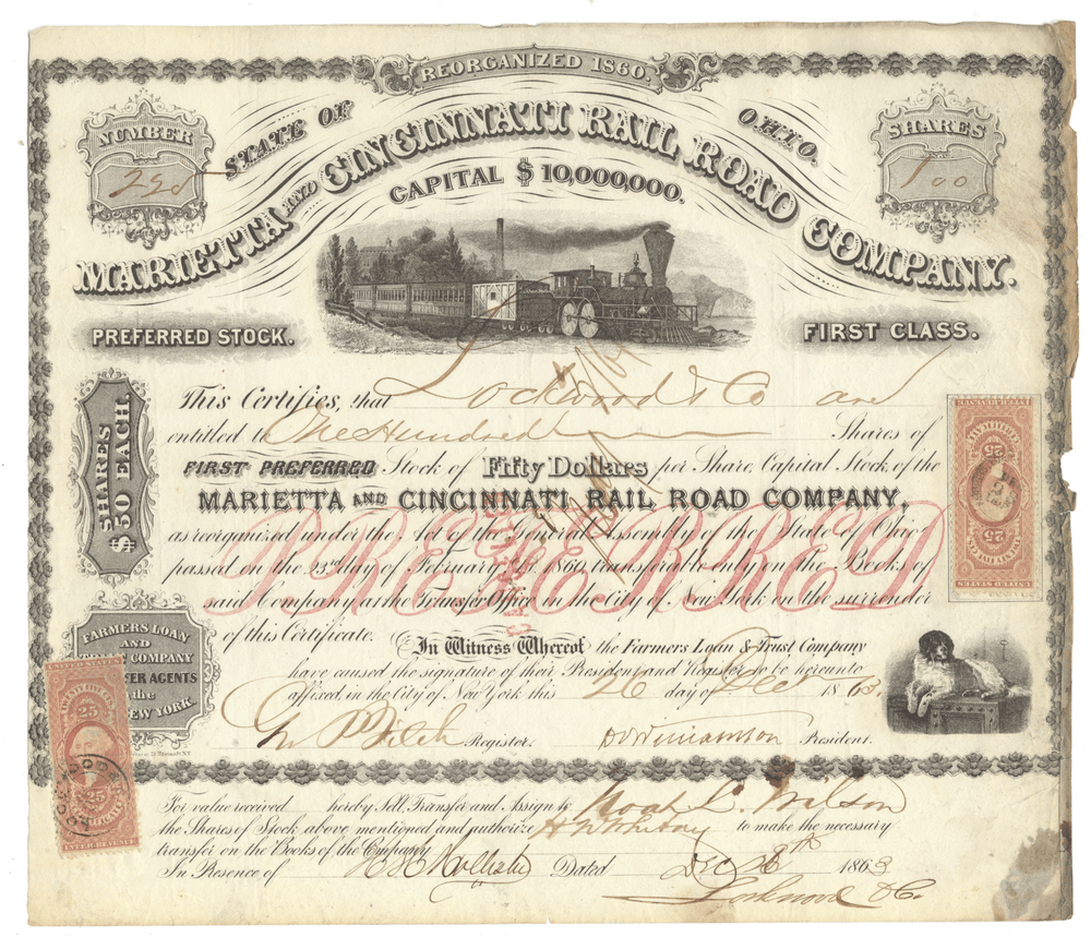 Vintage stock certificate of the Marietta & Cincinnati Railroad Company with a steam locomotive illustration.