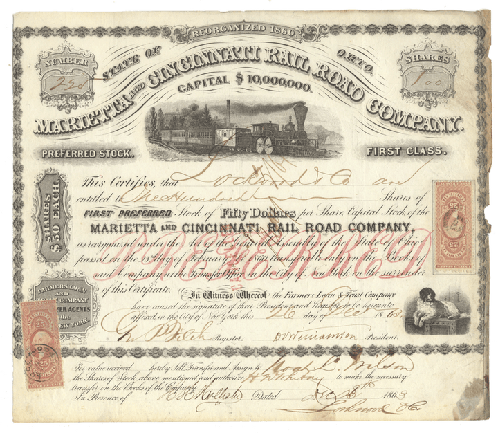 Vintage stock certificate of the Marietta & Cincinnati Railroad Company with a steam locomotive illustration.