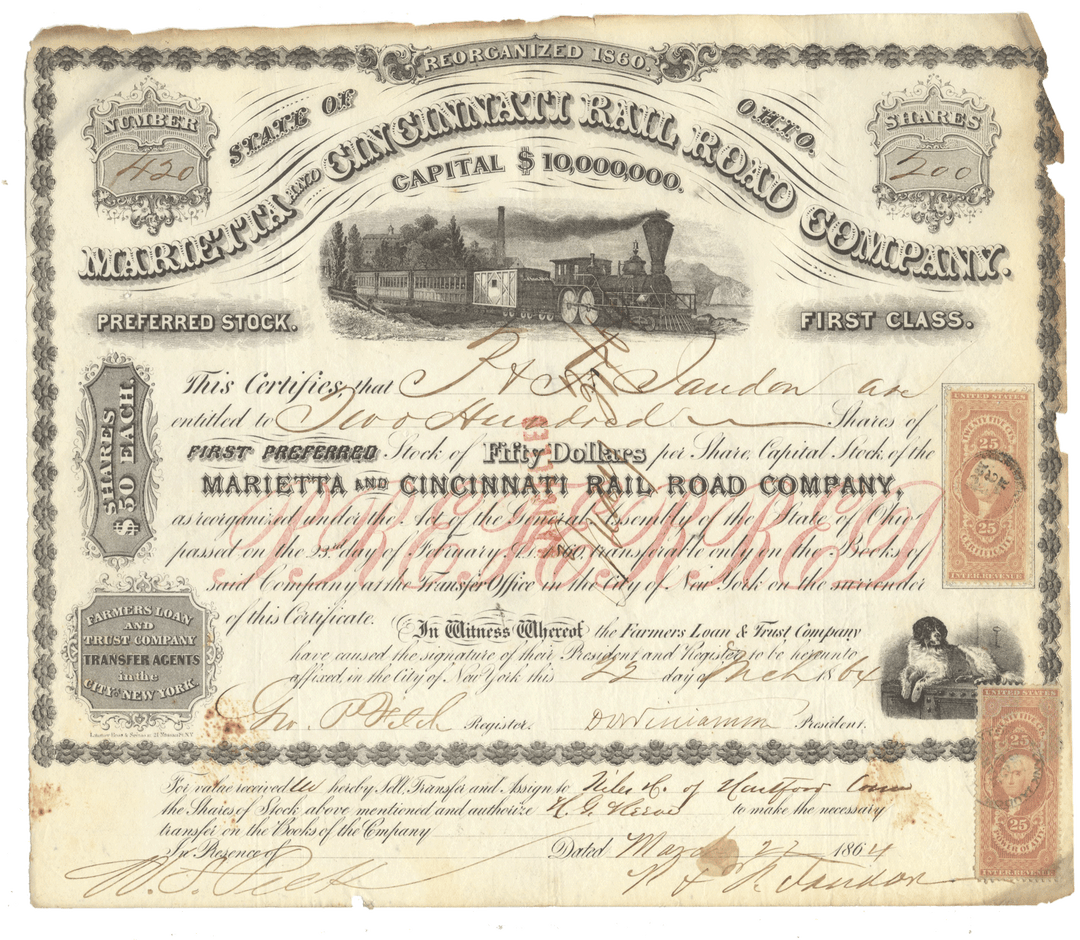 Vintage stock certificate for Marietta and Cincinnati Rail Road Company with steam locomotive illustration.