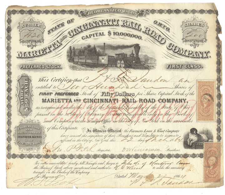 Vintage stock certificate for Marietta and Cincinnati Rail Road Company with steam locomotive illustration.