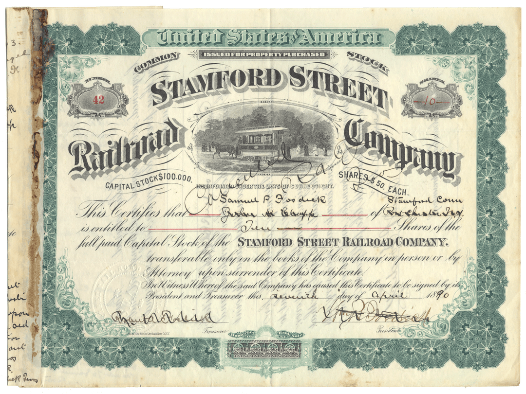 Stamford Street Railroad Company stock certificate with a horse-drawn trolley vignette.