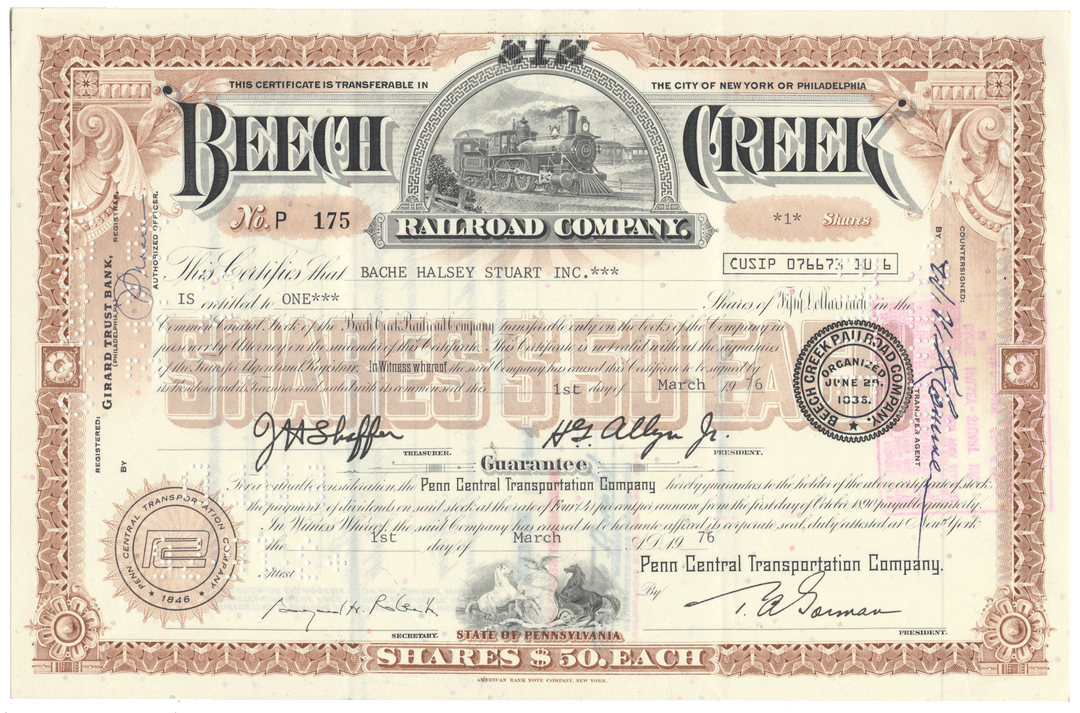 Vintage stock certificate for Beech Creek Railroad Company with train illustration