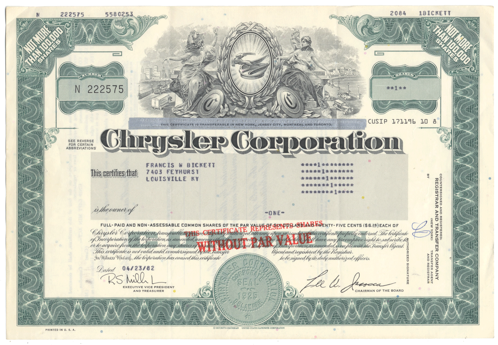 Chrysler Corporation Stock Certificate