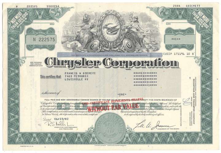 Chrysler Corporation Stock Certificate