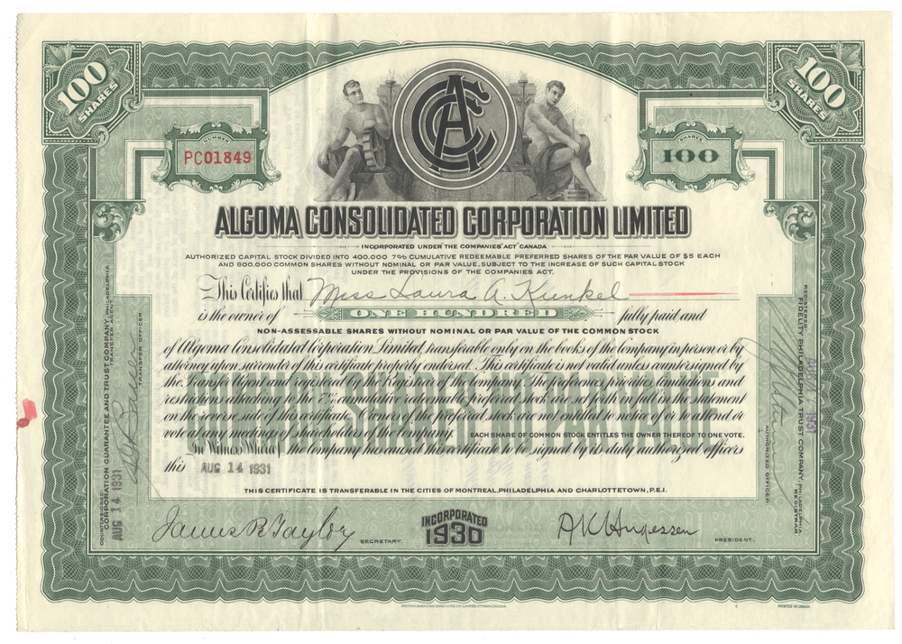 Algoma Consolidated Corporation Limited Stock Certificate from 1931