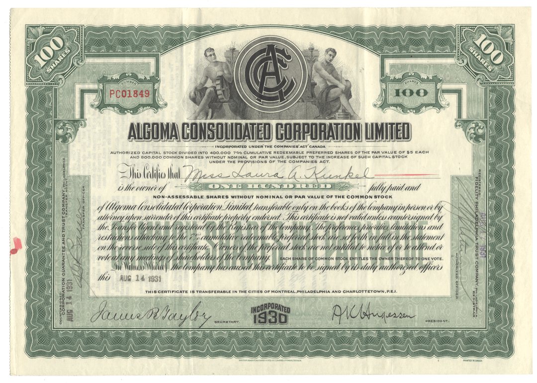 Algoma Consolidated Corporation Limited Stock Certificate from 1931