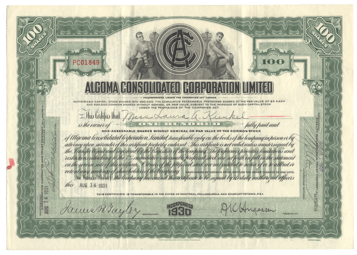 Algoma Consolidated Corporation Limited Stock Certificate from 1931