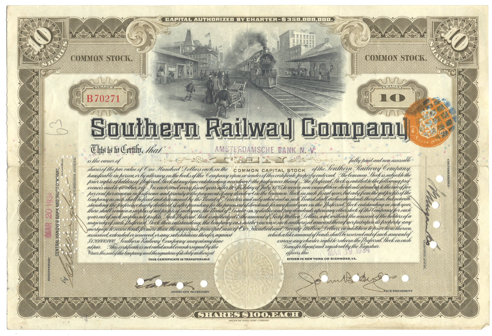 Historical stock certificate of the Southern Railway Company with train graphics and text.