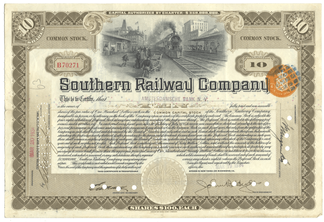 Historical stock certificate of the Southern Railway Company with train graphics and text.