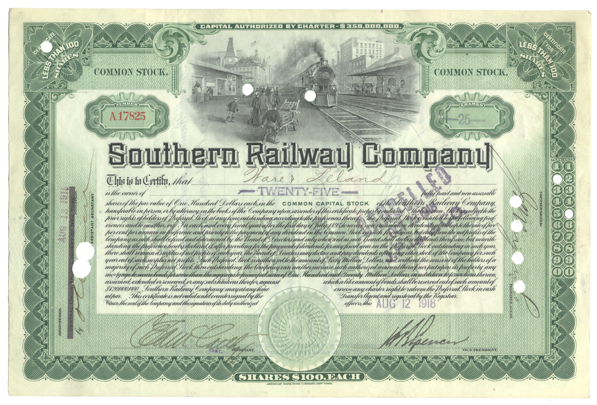 Southern Railway Company stock certificate with train illustration on green background