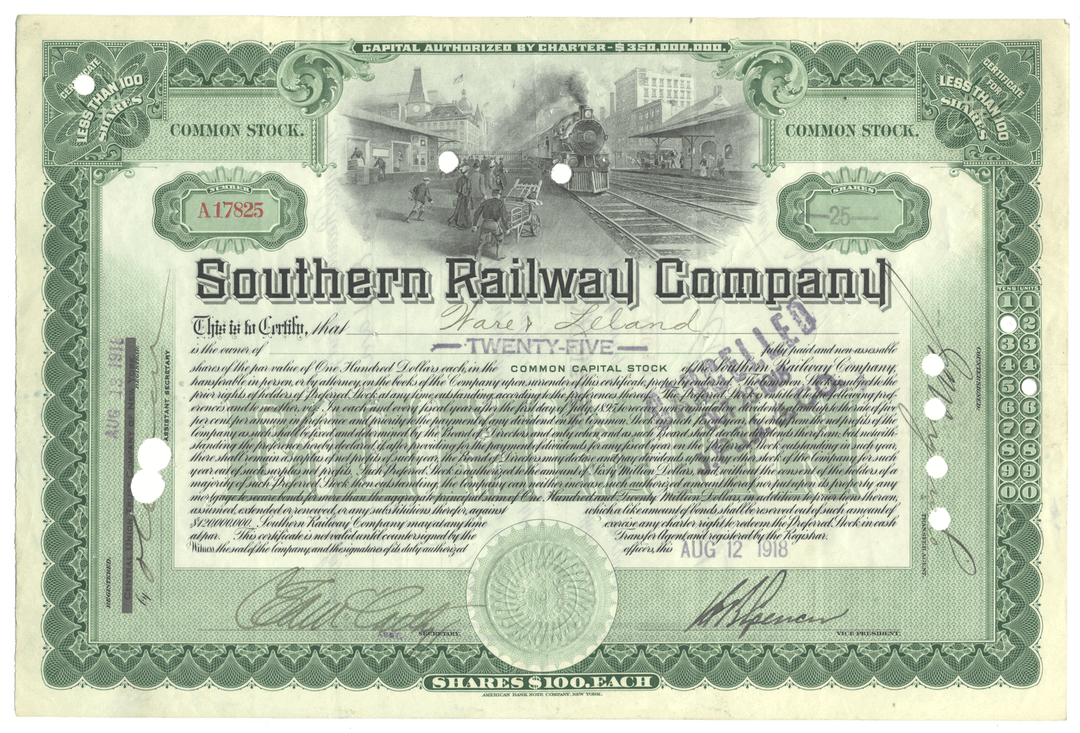 Southern Railway Company stock certificate with train illustration on green background