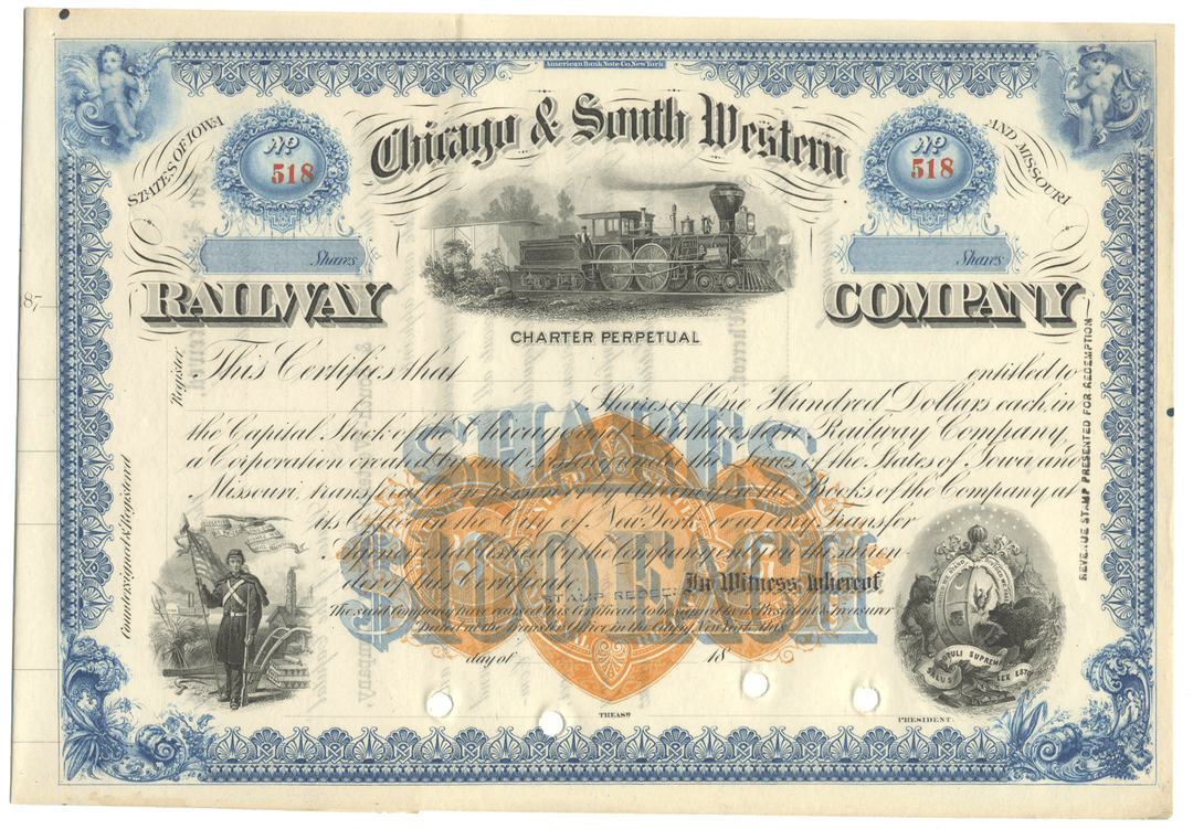 Historical stock certificate of the Chicago & South Western Railway Company with decorative elements and text.