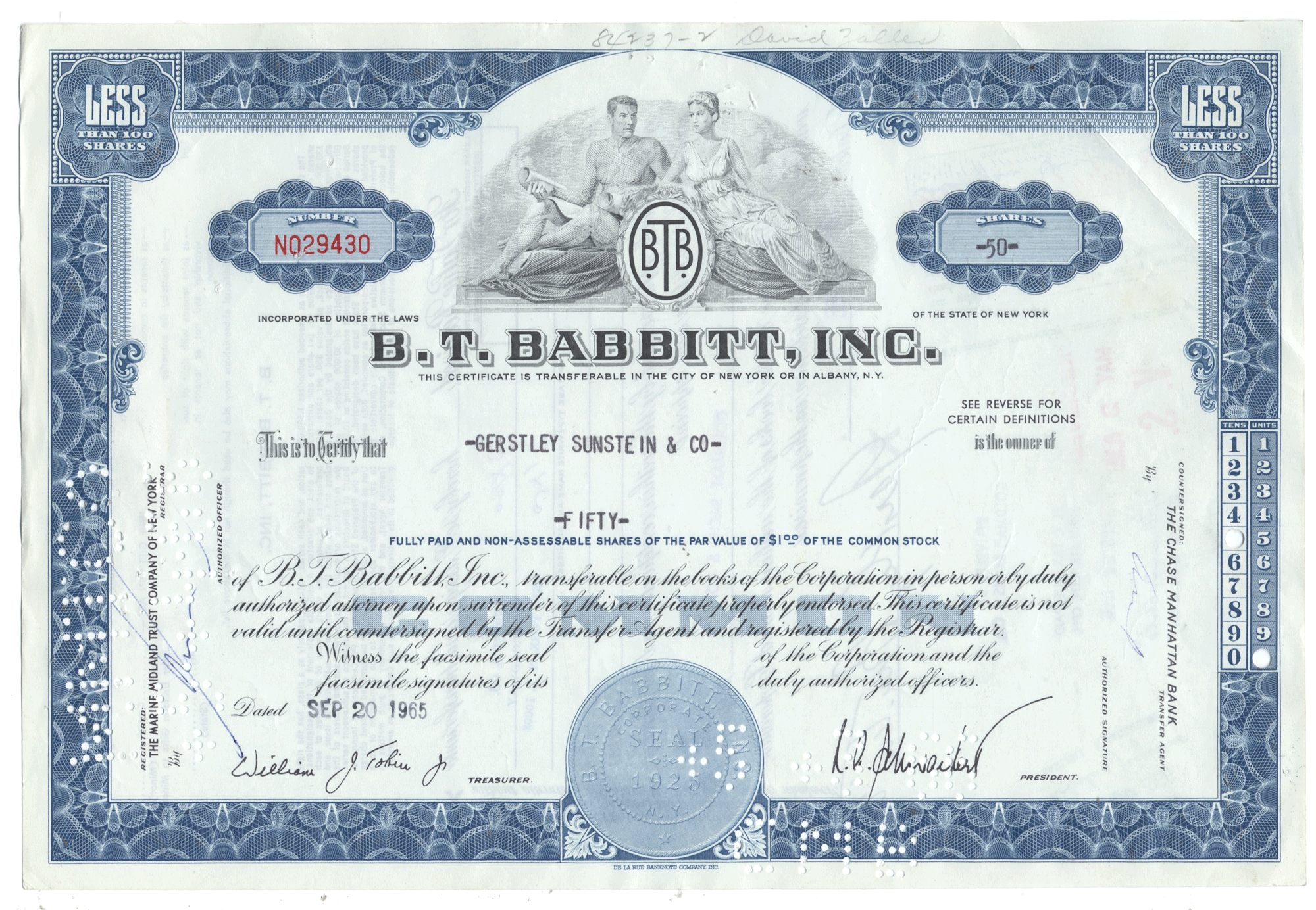 B. T. Babbitt, Inc. stock certificate from 1965
