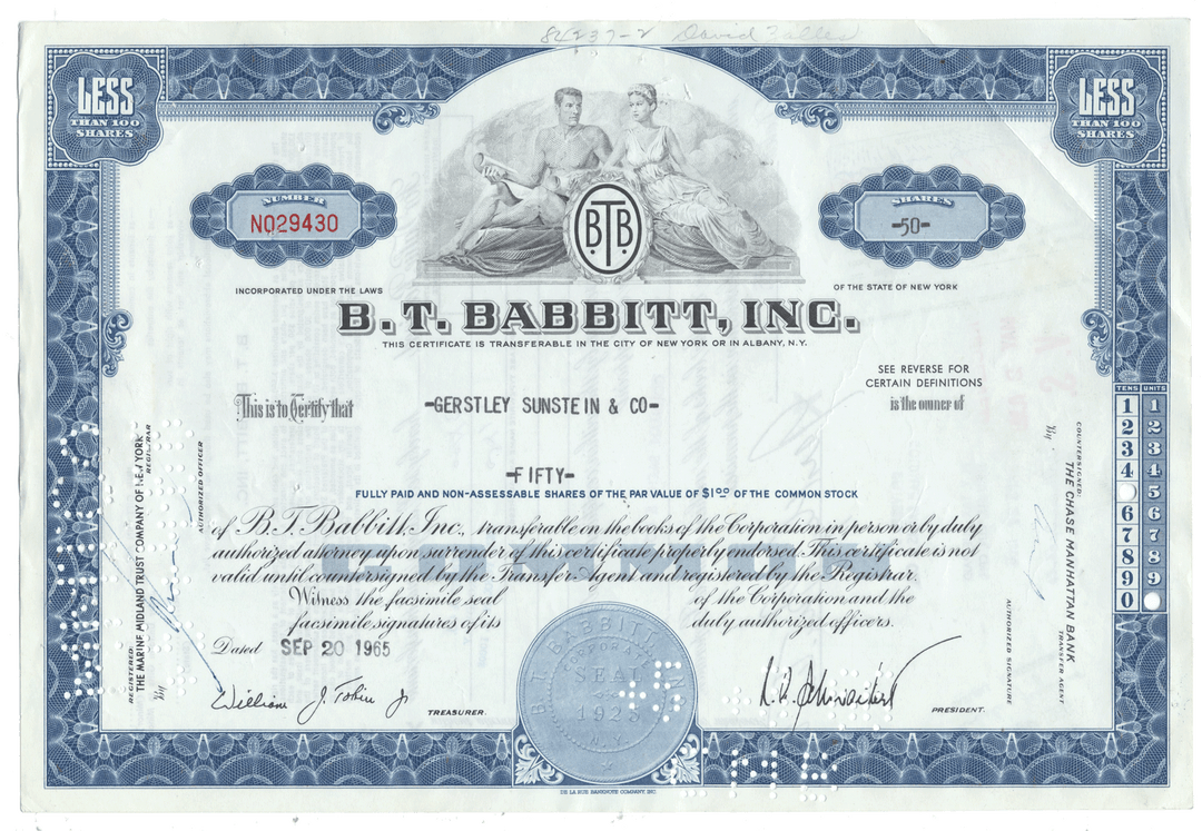B. T. Babbitt, Inc. stock certificate from 1965
