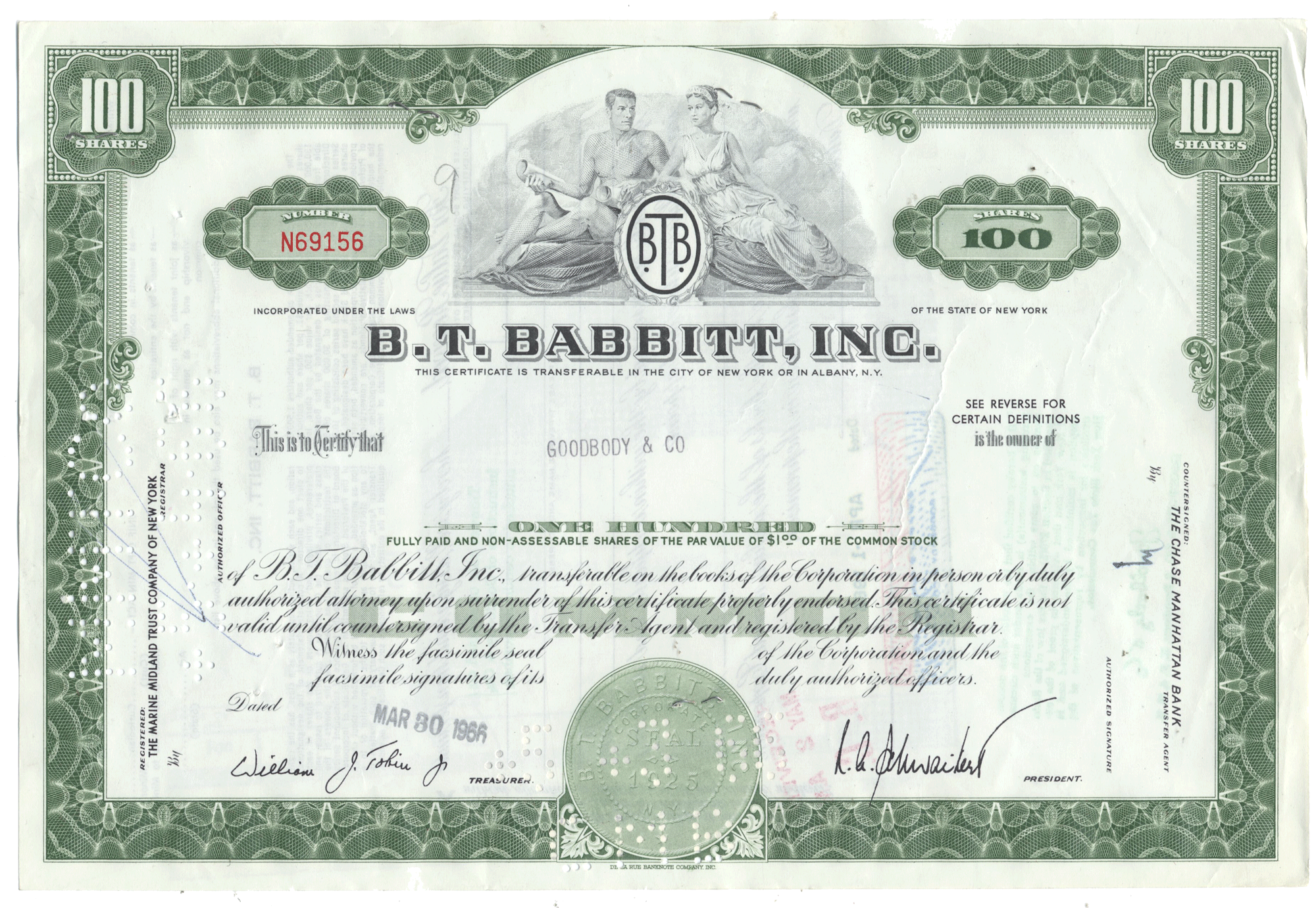 B.T. Babbitt, Inc. stock certificate with green border and text from 1966