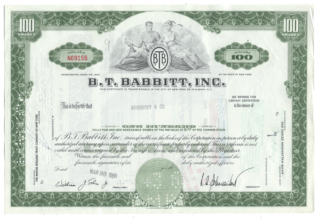 B.T. Babbitt, Inc. stock certificate with green border and text from 1966